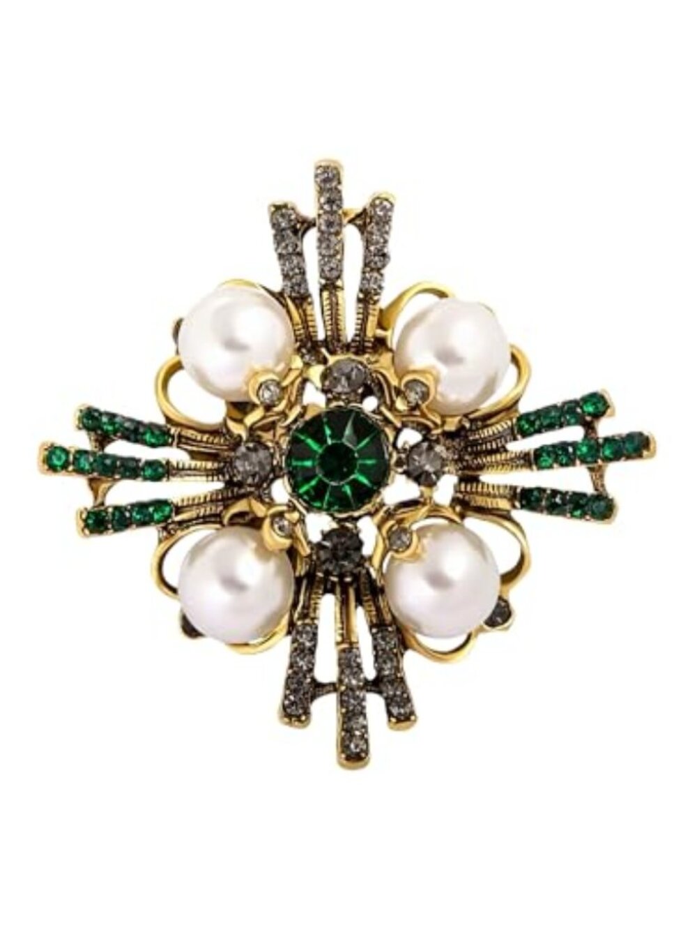 Antique Gold Floral Cross Brooch Vintage Crystal Pearl Statement Pin Rhinestone
